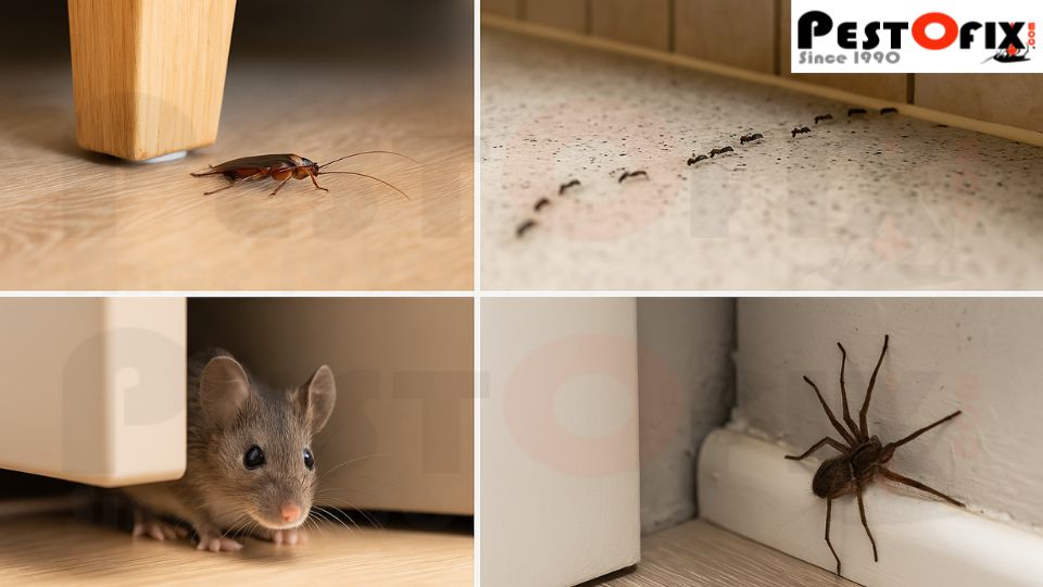 Four-part visual showing cockroaches hiding under furniture, ants in kitchen cabinets, a mouse behind a wall, and a spider in a dark corner of a clean home