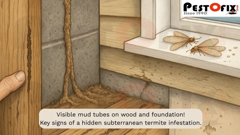 Signs of termite infestations, including damaged wood and mud tubes