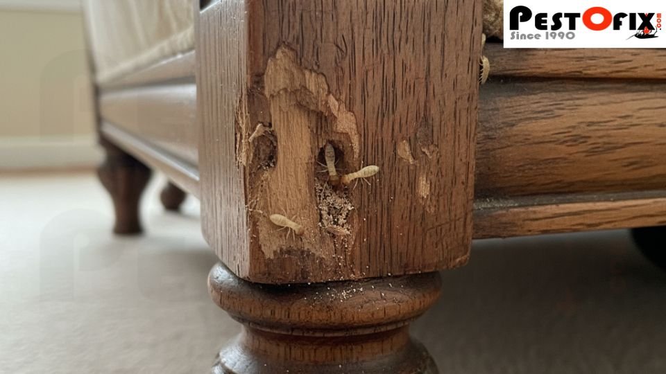 Close-up of a wooden sofa leg showing 3-4 termites infesting inside