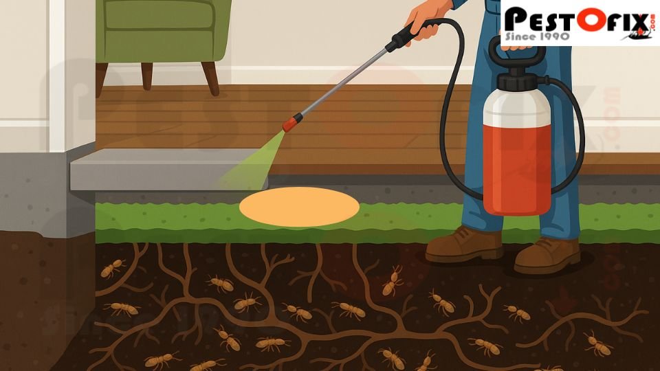 A chemical barrier applied through soil injection to block termites beneath a home