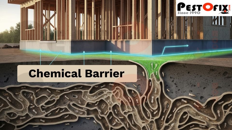 Termite chemical barrier applied on soil during pre-construction treatment