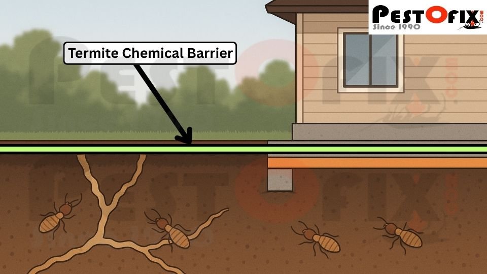 Illustration showing termite chemical barrier beneath a building foundation, blocking underground termite tunnels