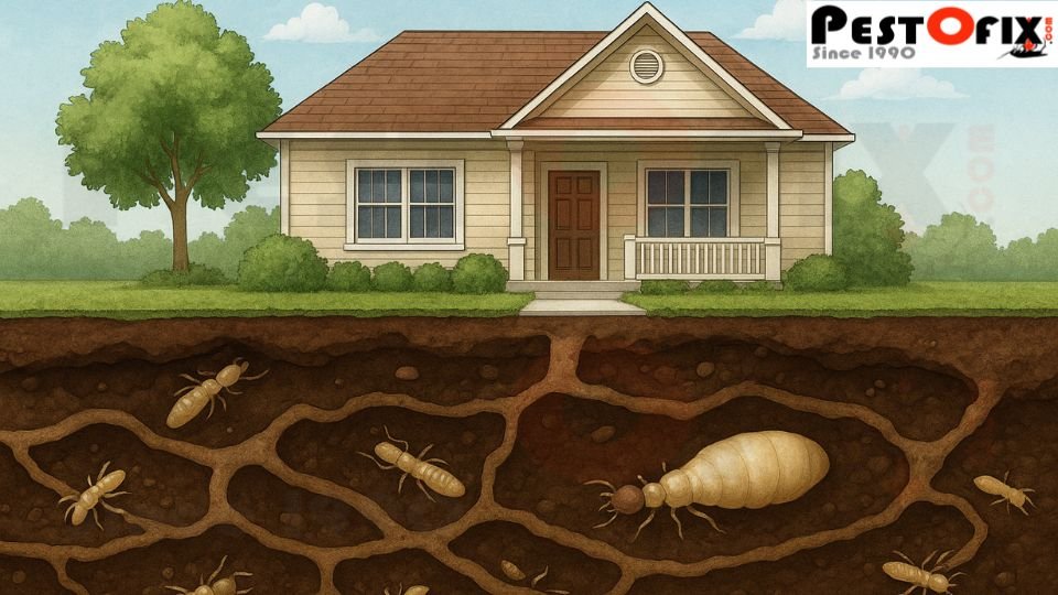 Illustration of termite colony structure and behavior