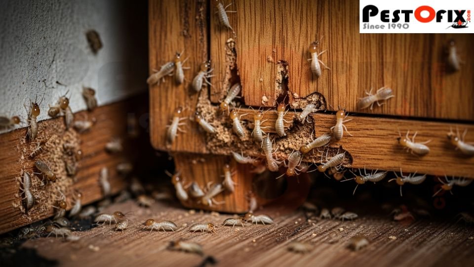 Termites infesting the bottom of a wooden almirah in a Delhi home