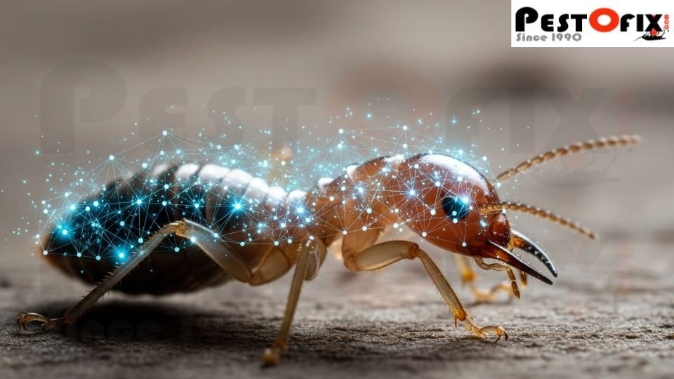 Macro image of a termite's head with glowing neural network overlay focused on the brain