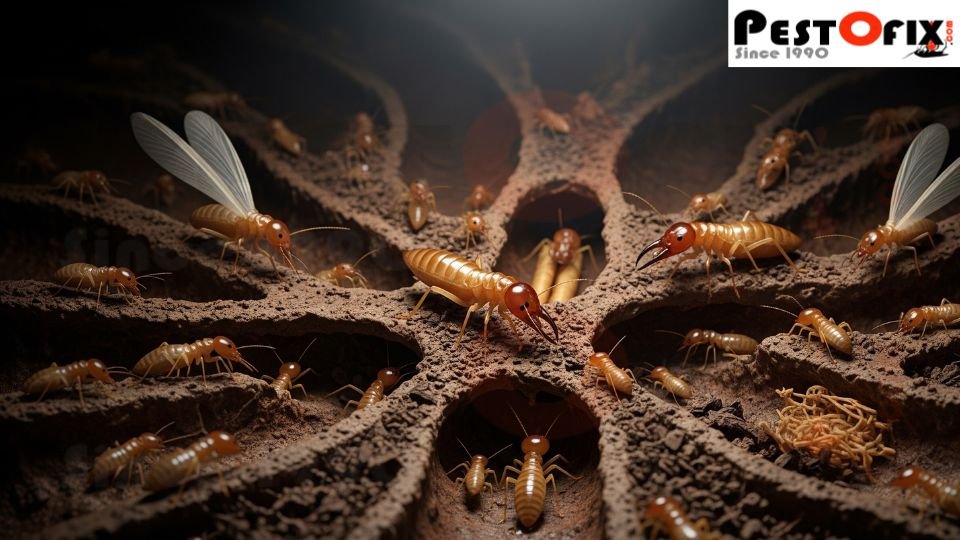 Illustration showing how termites use pheromones, vibrations, and antenna taps to coordinate underground