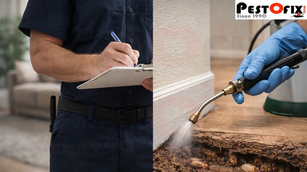 Termite control inspection process compared with surface chemical application on wall skirting