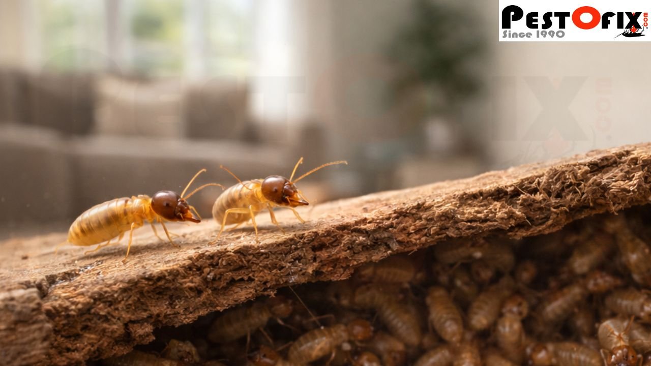 Cutaway view showing a few visible termites on wood surface with a hidden termite colony inside the wood