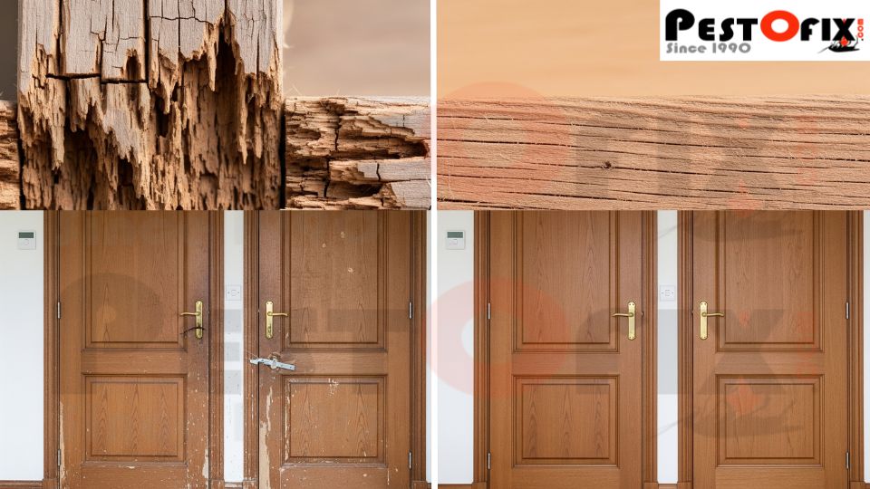 Termite damaged wood compared with healthy wood protected by termite treatment in a house.