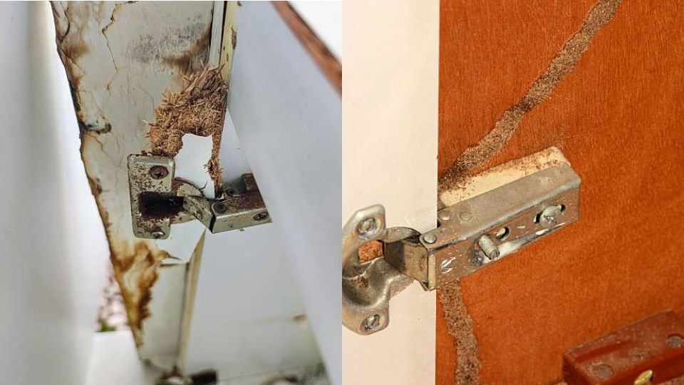 Two kitchen cupboards showing termite mud tubes and destroyed doors from infestation