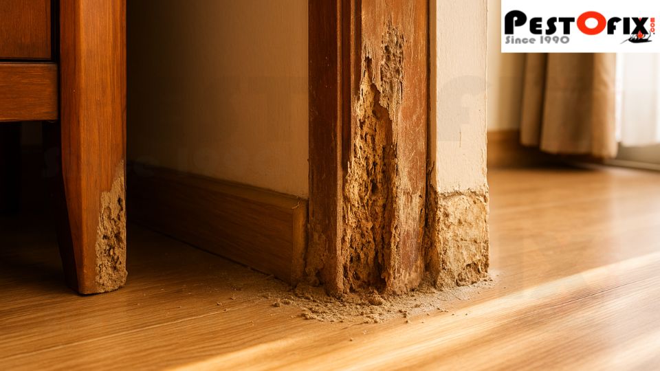Termite damage caused by hidden moisture and untreated wooden surfaces in Vasundhara Ghaziabad homes