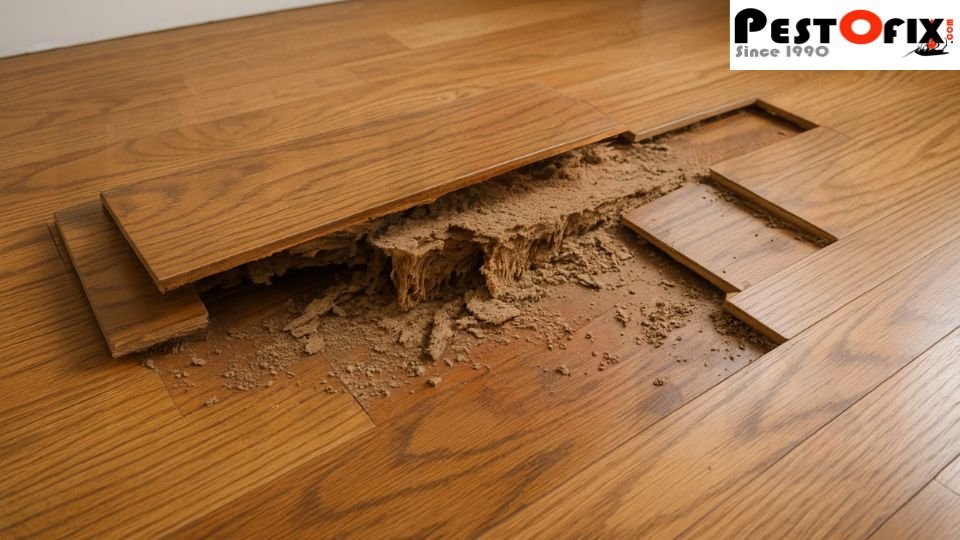 Severe termite damage causing wooden flooring to lift and collapse from inside