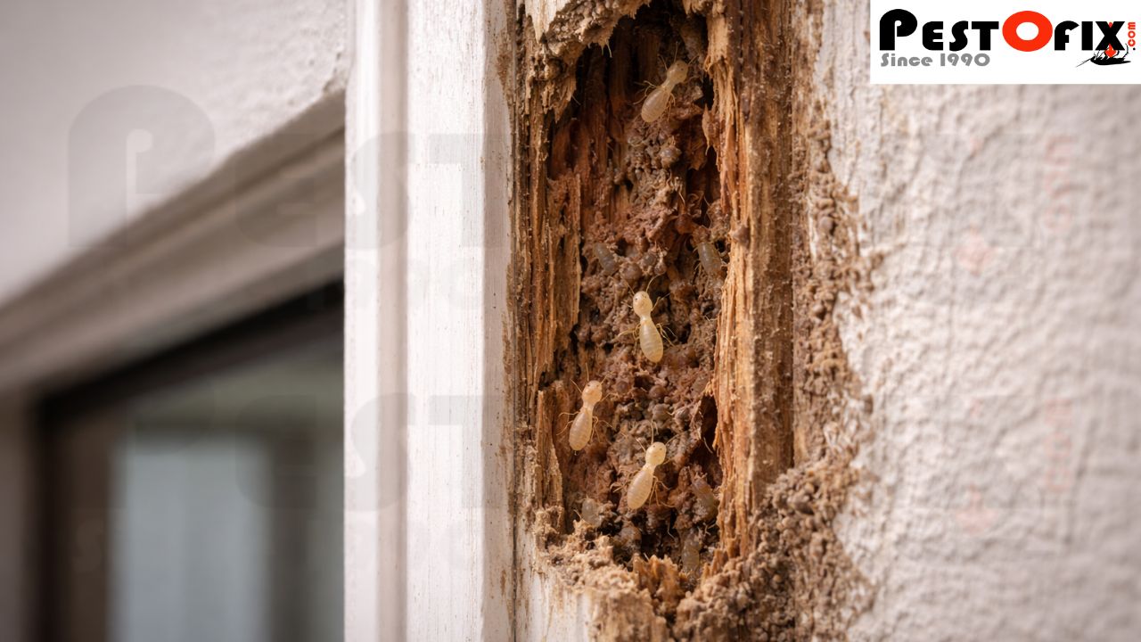 Termites attacking structural door and window frames due to moisture retention and concealed wall connections
