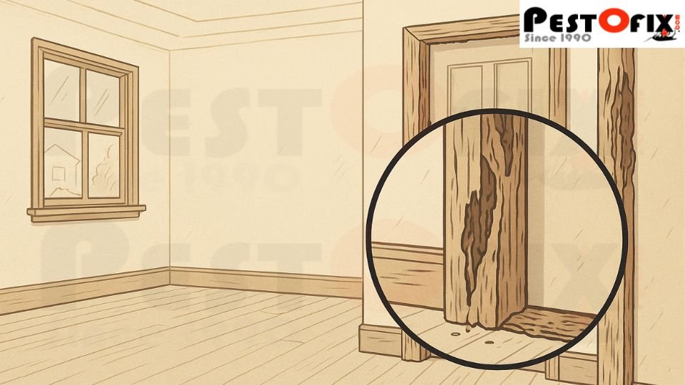 Termite damage on door frames and window wood structures in a clean house