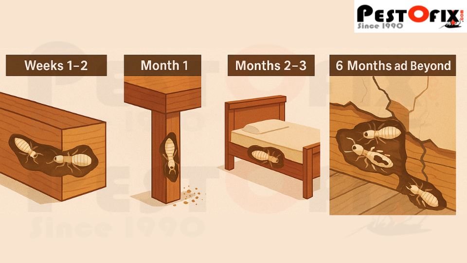 Termite damage timeline showing progressive destruction of wooden furniture and structural beams over six months