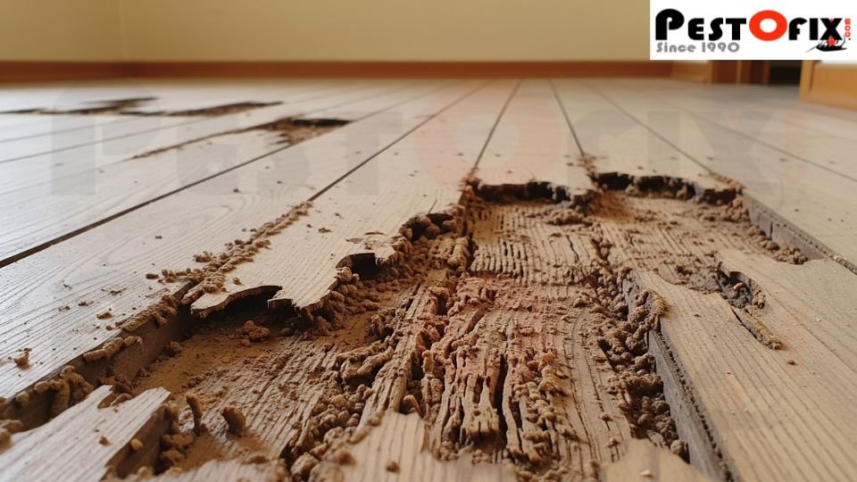 Termite damage visible on wooden flooring inside a modern Gurgaon home