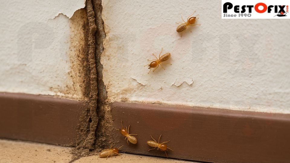 Damp wall crack showing termite mud tubes and foundation moisture damage