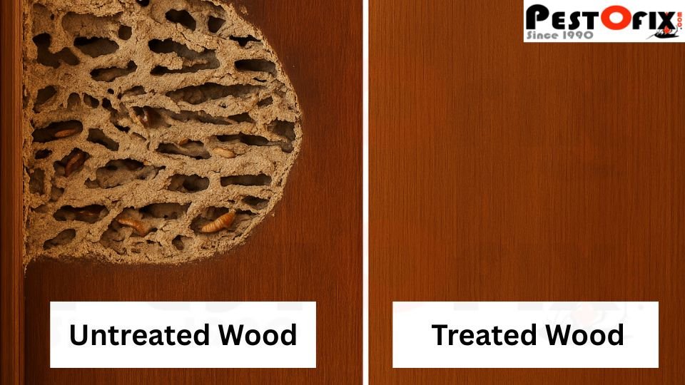 Before and after termite treatment on a wooden door in Delhi home