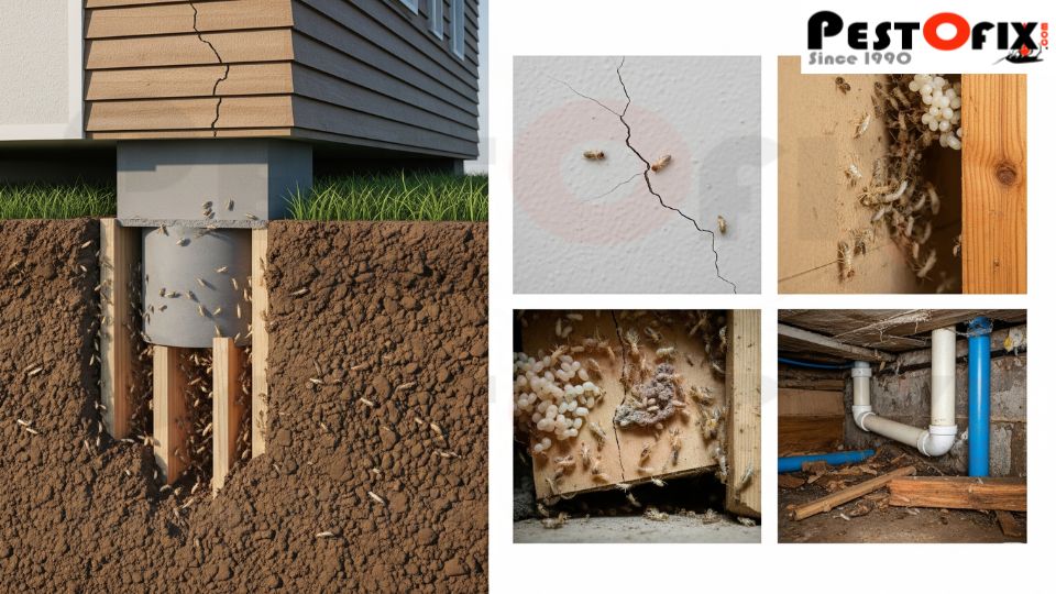 Illustration showing how termites enter a new home through soil contact, cracks, and moisture
