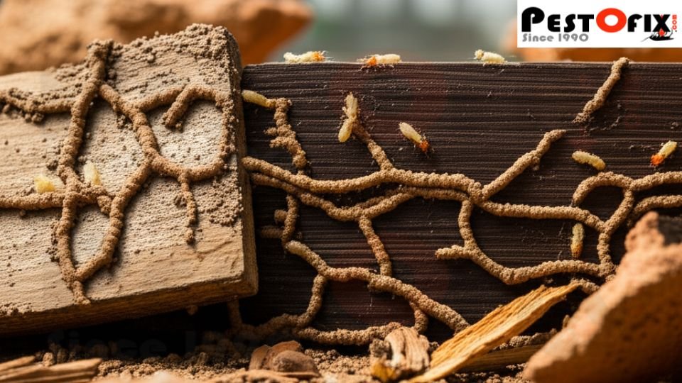 Close-up of subterranean termites on sandy soil near damp wood and construction debris in Gurugram