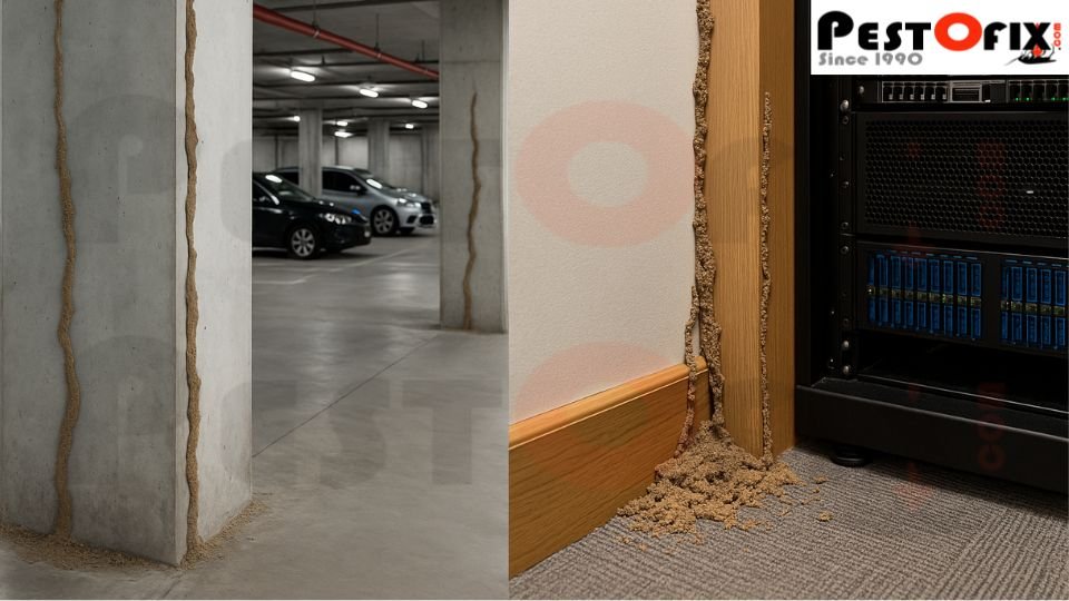 Signs of termite infestation in a commercial building's server room and underground parking area in Gurgaon