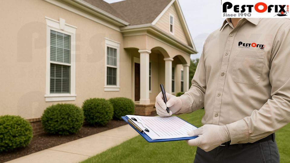 Termite control expert inspecting property with a checklist in Delhi
