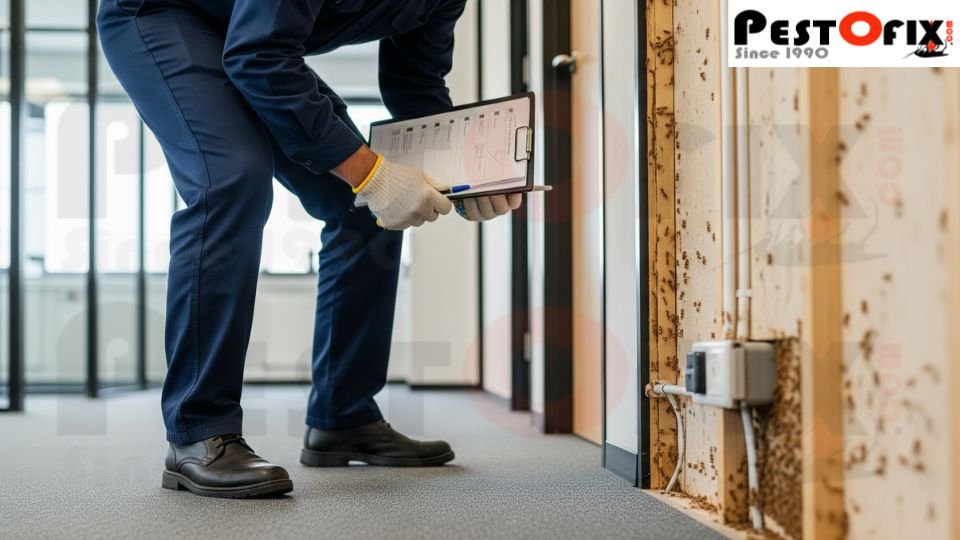 Professional termite technician inspecting office skirting and furniture for infestation in a Gurgaon high-rise