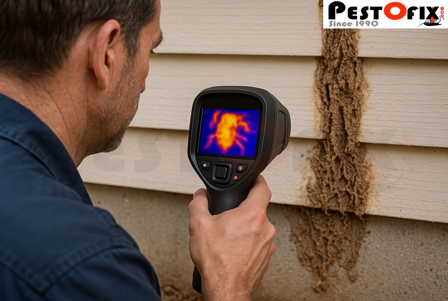 Thermal camera detecting termite activity on a house wall during inspection