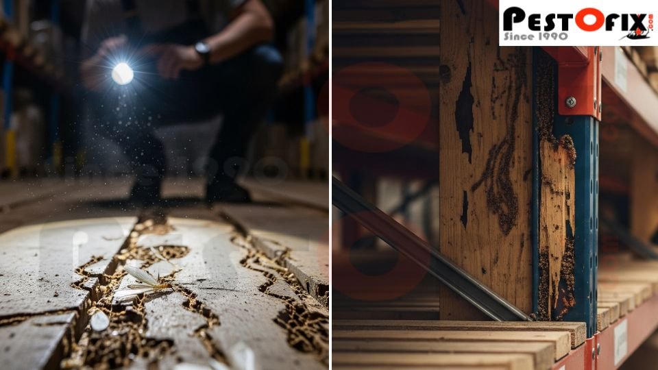 Termite Control expert inspecting wooden storage crates for infestation in a warehouse