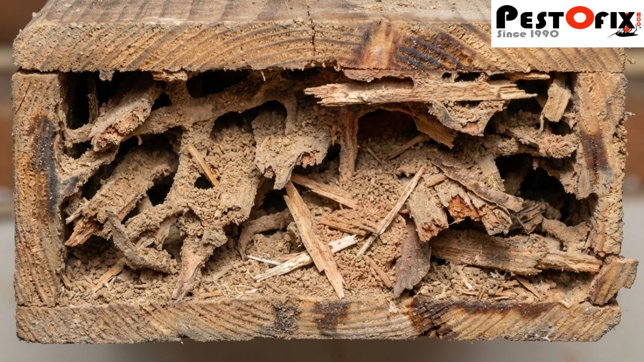 Internal termite damage caused by prolonged undetected infestation inside structural wood