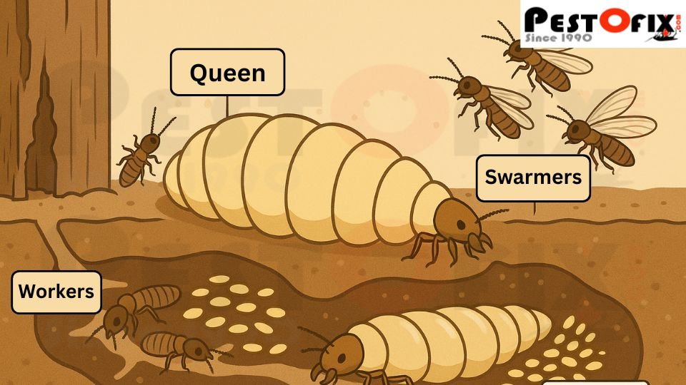 Illustration showing termite lifecycle: queen termite laying eggs, workers feeding on wood, soldiers guarding, and swarmers flying out