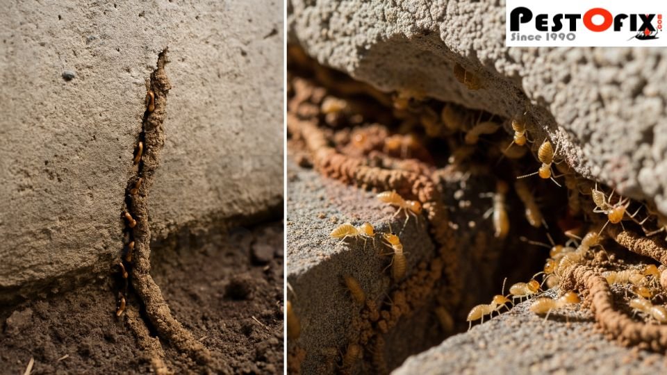 Termite mud tube in a crack of a concrete foundation
