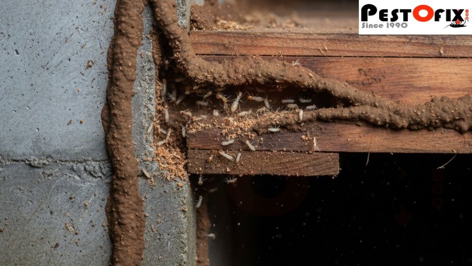 Macro shot of termite mud tubes along the base of a wall and under floorboards in a Gurgaon home
