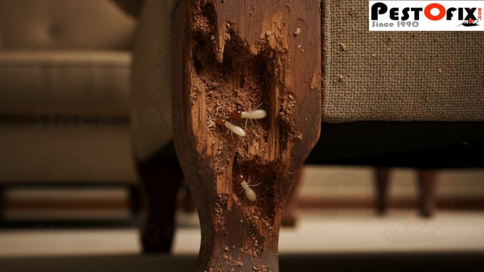 Termites emerging from a sofa leg in a Noida home