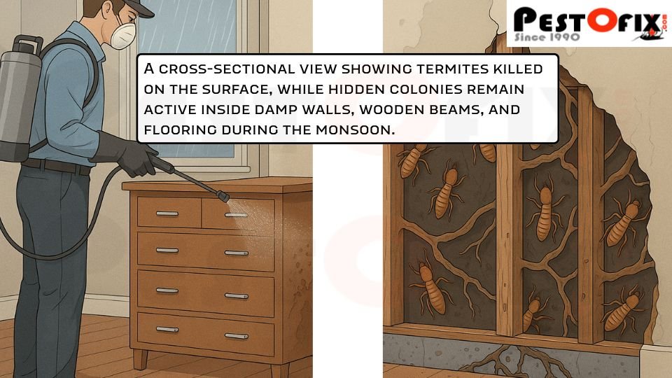 Spot termite treatment fails while hidden colonies thrive behind damp walls during the monsoon.