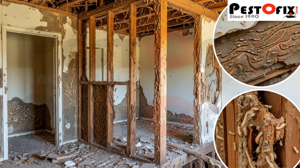 Termite causing major structural damage to beams, floors, and foundation of a house