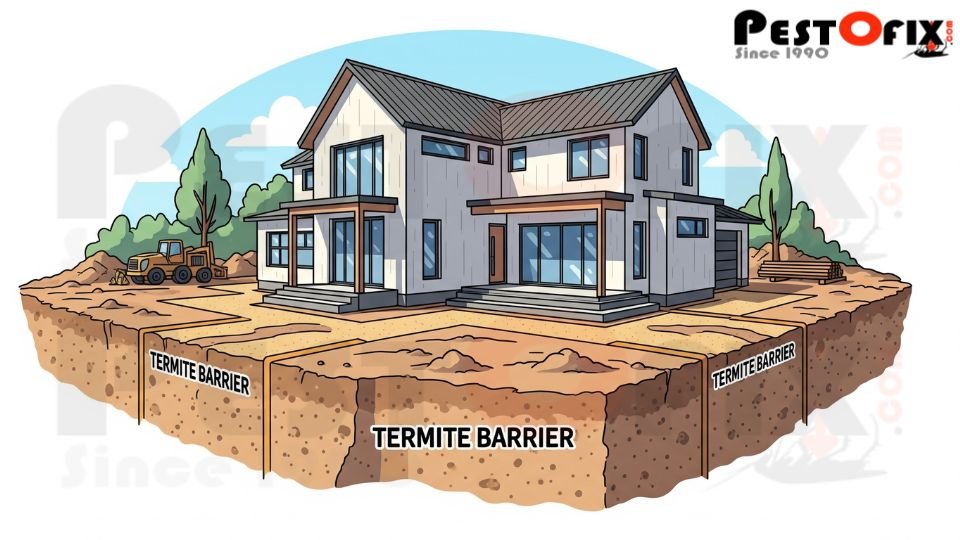 Illustration showing termite treatment barrier applied beneath a building foundation to prevent subterranean termite entry