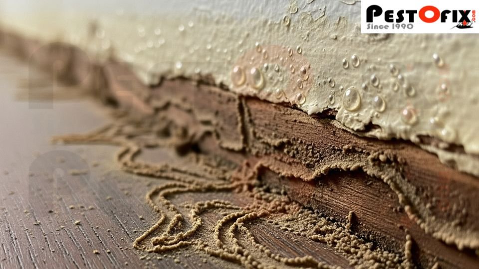 Rain-damaged wooden flooring showing active termite infestation with visible dust, hollow wood, and moisture signs