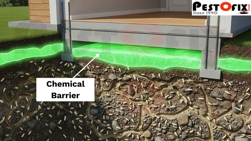 Cross-section showing a green chemical barrier applied directly beneath the ground floor slab and along the foundation with termites in the soil below