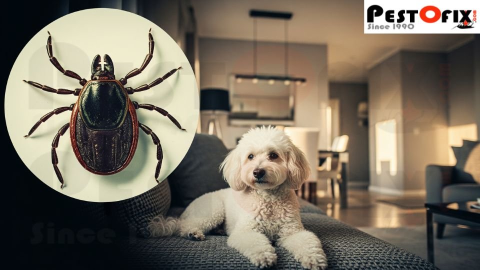 Illustration of a dog in a clean home with a magnified tick showing hidden infestation risk