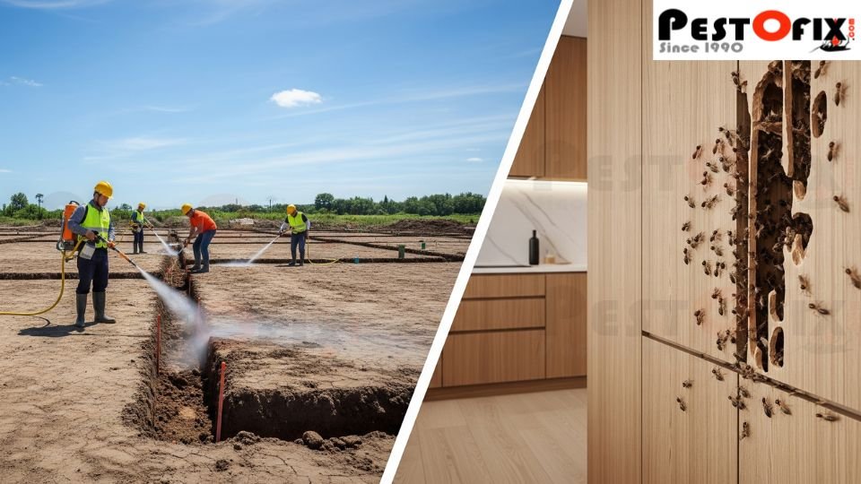 Split view: construction site with termite soil treatment on left and termite-damaged wood inside a modern high-rise on right