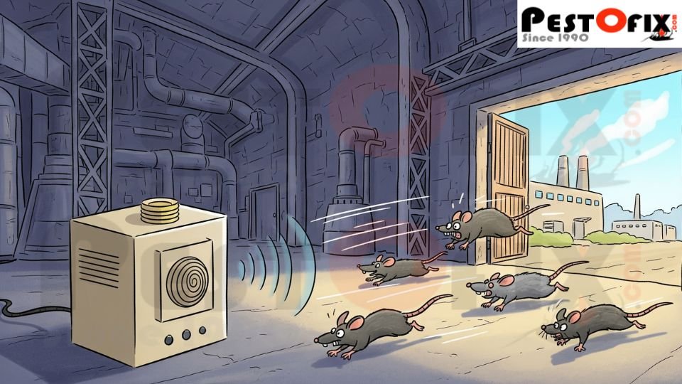 Ultrasonic rat repellent device placed in a large factory driving rats away