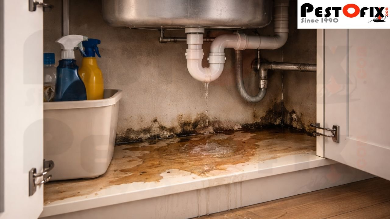 Persistent moisture under kitchen sink creating stable conditions over time