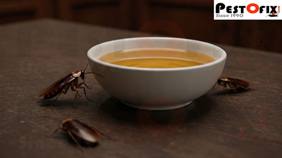 Vinegar placed in a cockroach-infested kitchen area, with cockroaches returning after the smell fades