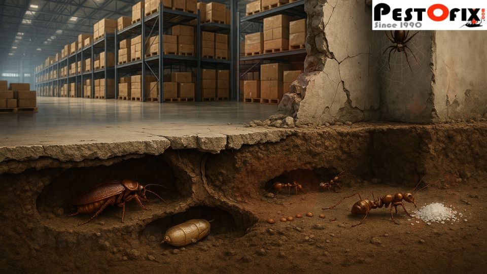 Photo-realistic cross-section of a large warehouse showing cockroaches nesting underground, ants trailing toward sugar, and a spider web in the wall corner while the warehouse above looks clean and organized
