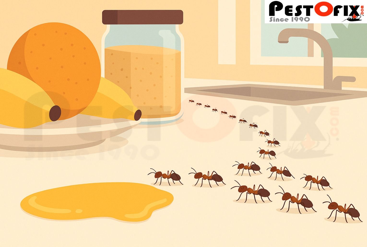 Illustration of ants marching toward syrup on a kitchen counter