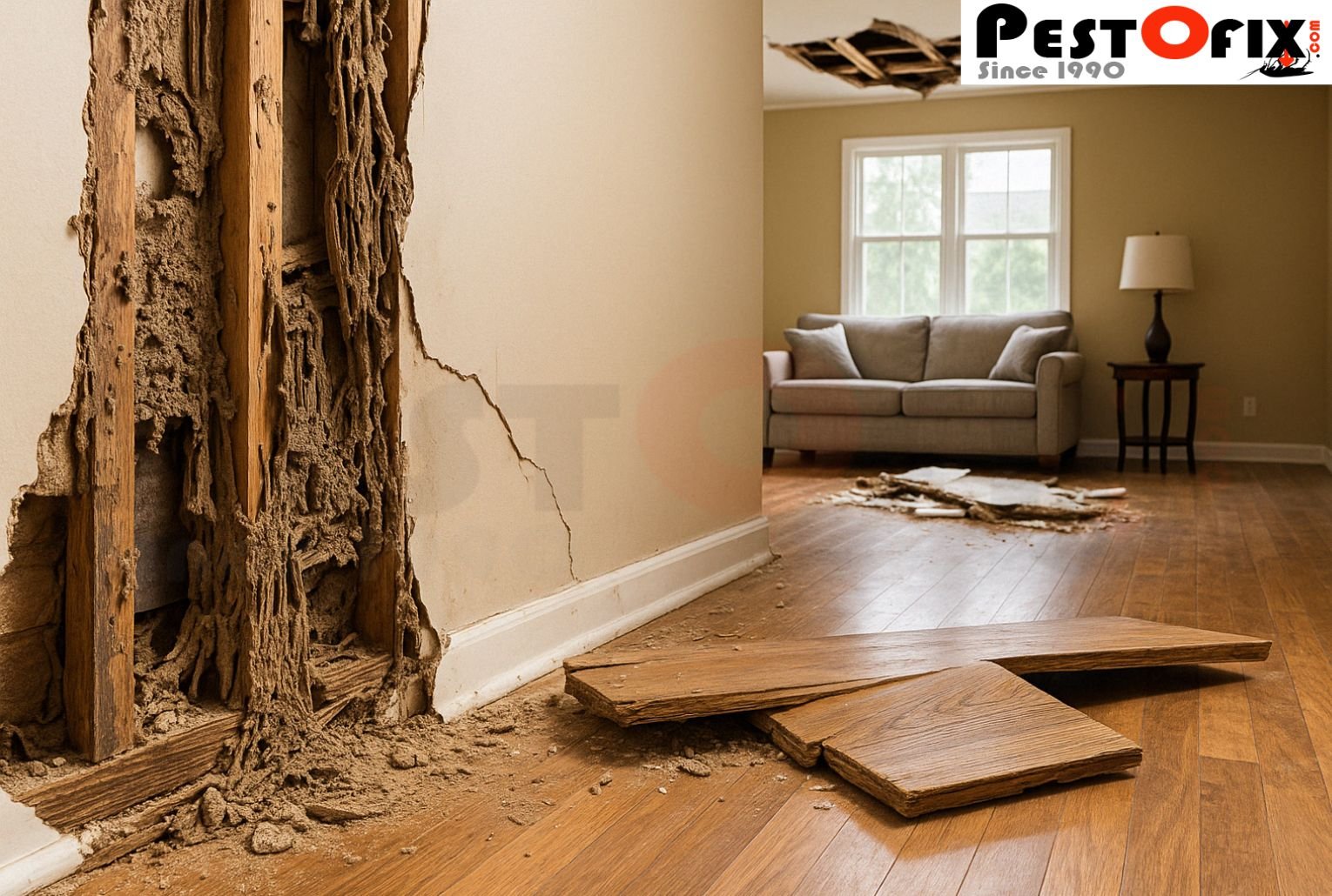 Severe termite damage to walls and flooring in a fully built home interior