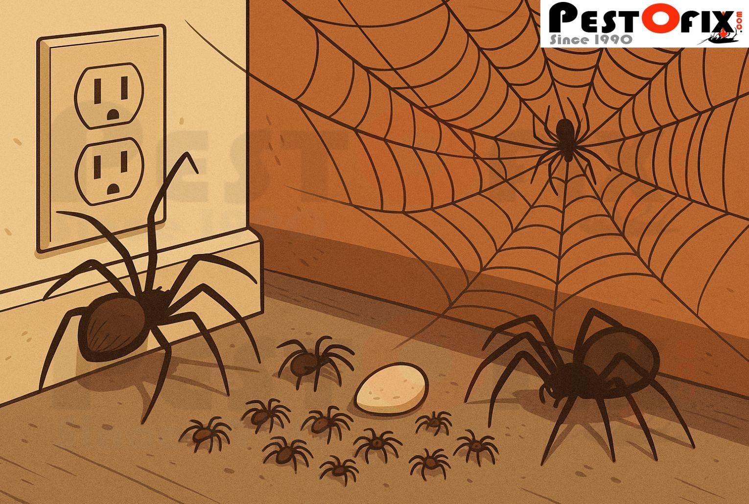Illustration of spiders hiding and preparing to multiply in a home corner