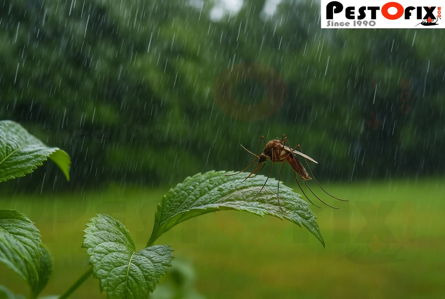 A mosquito perched on a green leaf during rainy monsoon weather