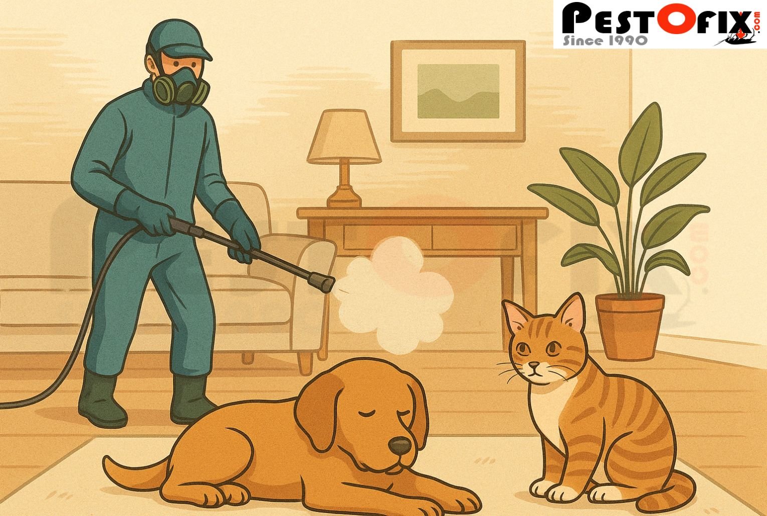Pest control technician spraying chemicals near a dog and cat in a living room